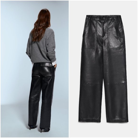 ZARA BLACK 100% SHEEP LEATHER HIGH WAIST STRAIGHT LEG TROUSER PANTS